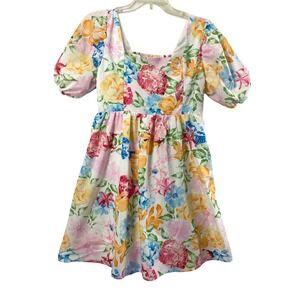 SundayUp Floral Puff Sleeve Dress Junior Large Square Neck Short Summer Vacation